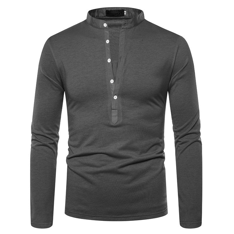 Men's Solid Color Deep V Stand Up Collar Long Sleeved Slim Shirt